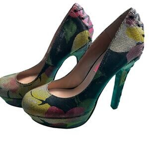 Betsey Johnson Ditan Floral Leather Platform Stiletto Corset Pumps‎ Size 7.5M